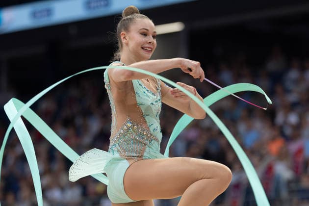 Deutsche Meisterschaften in der Rhythmischen Sportgymnastik 2026, Gerätefinals Viktoria Steinfeld (TSV Schmiden) mit dem Band. Deutsche Meisterschaften in der Rhythmischen Sportgymnastik, Gerätefinals, Einzel, am 26. Juli 2026 in der ZAG-Arena in Hannover., Hannover Niedersachsen Deutschland ZAG Arena *** 2026 German Rhythmic Gymnastics Championships, Apparatus Finals: Viktoria Steinfeld (TSV Schmiden) with the ribbon. German Rhythmic Gymnastics Championships, Apparatus Finals, Individual, on July 26, 2026, at the ZAG Arena in Hanover, Hanover, Lower Saxony, Germany, ZAG Arena