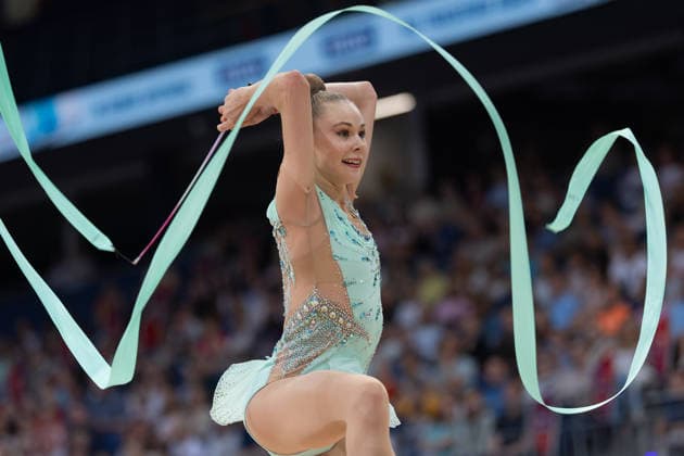 Deutsche Meisterschaften in der Rhythmischen Sportgymnastik 2026, Gerätefinals Viktoria Steinfeld (TSV Schmiden) mit dem Band. Deutsche Meisterschaften in der Rhythmische Sportgymnastik, Gerätefinals, Einzel, am 26. Juli 2026 in der ZAG-Arena in Hannover., Hannover Niedersachsen Deutschland ZAG Arena *** 2026 German Rhythmic Gymnastics Championships, Apparatus Finals: Viktoria Steinfeld (TSV Schmiden) with the ribbon. German Rhythmic Gymnastics Championships, Apparatus Finals, Individual, on July 26, 2026, at the ZAG Arena in Hanover, Hanover, Lower Saxony, Germany, ZAG Arena