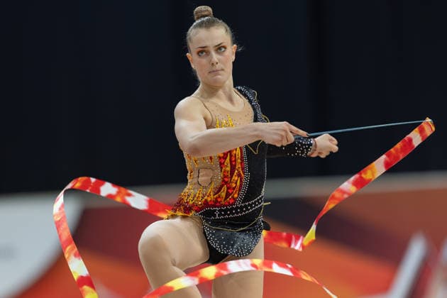 Deutsche Meisterschaften in der Rhythmischen Sportgymnastik 2026, Gerätefinals Margarita Kolosov (SC Potsdam) mit dem Band. Deutsche Meisterschaften in der Rhythmische Sportgymnastik, Gerätefinals, Einzel, am 26. Juli 2026 in der ZAG-Arena in Hannover., Hannover Niedersachsen Deutschland ZAG Arena *** 2026 German Rhythmic Gymnastics Championships, Apparatus Finals: Margarita Kolosov of SC Potsdam with the ribbon. German Rhythmic Gymnastics Championships, Apparatus Finals, Individual, on July 26, 2026, at the ZAG Arena in Hanover, Hanover, Lower Saxony, Germany, ZAG Arena