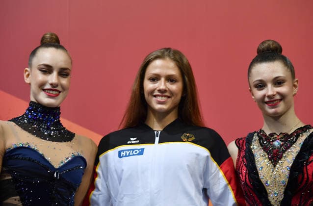 26.07.2026, xhbx, Turnen Rhythmische Sportgymnastik, Deutsche Meisterschaften 2026 v.l. Darja Varfolomeev (TSV Schmiden 1902), Anastasia Simakova (TSV Schmiden 1902), Lada Pusch (TSV Schmiden) nominiert für die WM in Frankfurt (DFL DFB REGULATIONS PROHIBIT ANY USE OF PHOTOGRAPHS as IMAGE SEQUENCES and or QUASI-VIDEO) Hannover *** July 26, 2026, xhbx, Rhythmic Gymnastics, 2026 German Championships: Darja Varfolomeev, TSV Schmiden 1902, Anastasia Simakova, TSV Schmiden 1902, Lada Pusch, TSV Schmiden, nominated for the World Championships in Frankfurt. DFL and DFB regulations prohibit any use of photographs as image sequences and or quasi-video. Hanover