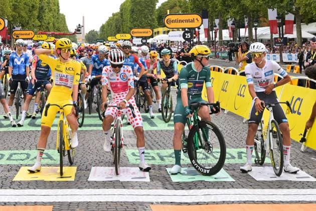 Slovenian Tadej Pogacar of UAE Team Emirates XRG, Ecuadorian Richard Carapaz of EF Education-EasyPost, Danish Mads Pedersen of Lidl-Trek and Mexican Isaac Del Toro of UAE Team Emirates XRG are pictured at the start of stage 21 of the 2026 Tour de France cycling race, a stage of 130km from Thoiry to Paris Champs-Elysees , on Sunday 26 July 2026. The 113th edition of the Tour de France starts on Saturday 4 July in Barcelona, Spain, and will finish in Paris, France on the 26th of July. DAVIDxPINTENS  x182096545x