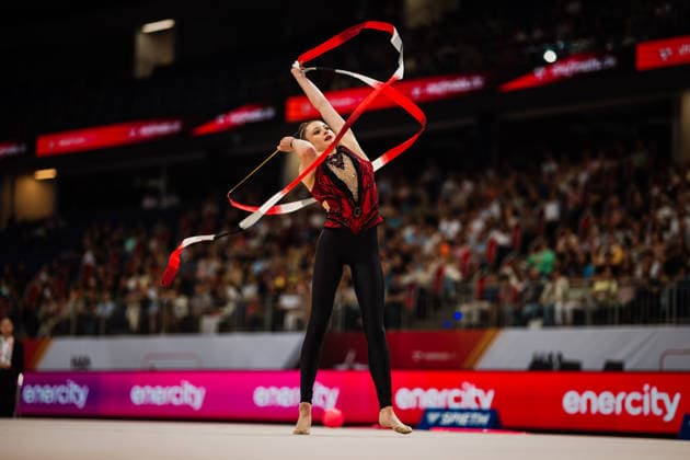 Die Finals 2026 - Rhythmische Sportgymnastik, 26.07.2026 Lada Pusch - TSV Scheiden 1902 e.V. (Band); Die Finals 2026 - Rhythmische Sportgymnastik am 26.07.2026 in der ZAG-Arena, Hannover *** The 2026 Rhythmic Gymnastics Finals, July 26, 2026 Lada Pusch TSV Scheiden 1902 e.V. Ribbon The 2026 Rhythmic Gymnastics Finals on July 26, 2026, at the ZAG Arena, Hanover Copyright: xBEAUTIFULxSPORTS Tonhäuserx