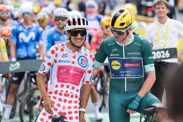 Ecuadorian Richard Carapaz of EF Education-EasyPost and Danish Mads Pedersen of Lidl-Trek pictured at the start of stage 21 of the 2026 Tour de France cycling race, a stage of 130km from Thoiry to Paris Champs-Elysees , on Sunday 26 July 2026. The 113th edition of the Tour de France starts on Saturday 4 July in Barcelona, Spain, and will finish in Paris, France on the 26th of July. DAVIDxPINTENS  x182098740x