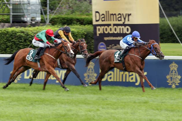 26.07.2026, Muenchen, Bayern, GER - Bint New Bay mit Per-Anders Graberg gewinnt. Galopprennbahn Muenchen-Riem. (Pferd, Jockey, Bint New Bay, Graberg, Sieg, Ziel, Zielankunft) 260726WB978MUENCHEN.JPG *** July 26, 2026, Munich, Bavaria, GER: Bint New Bay, ridden by Per Anders Graberg, wins at the Munich-Riem Racetrack. Horse, jockey, Bint New Bay, Graberg, victory, finish line, finish 260726WB978MUENCHEN JPG