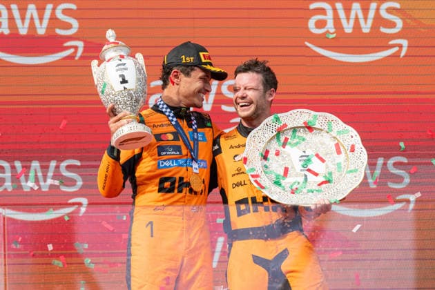 GP Formula 1 Hungary - Podium AJ McLaren driver Lando Norris (1) celebrates and showered with champagne on the podium after the Formula One Hungarian Grand Prix at the Hungaroring racetrack in Mogyorod near Budapest, Hungary, on July 26, 2026. Photo by Alexis Jumeau ABACAPRESS.COM Budapest  Copyright: xJumeauxAlexis ABACAx