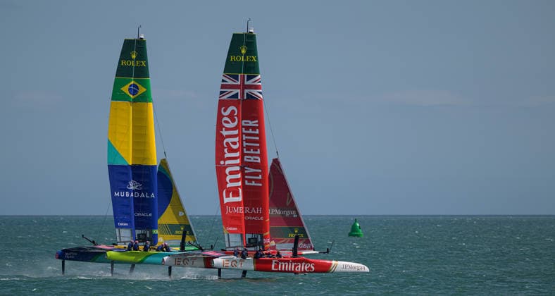 Rolex SailGP Championship Emirates GB ahead of Mubadala Brazil during the 2026 Rolex SailGP Championship on The Solent, Portsmouth 26 07 2026 UK Newspapers OUT Copyright: xGraemexWilcocksonx FIL-23672-0017