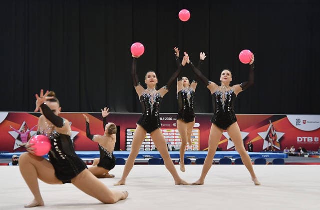 26.07.2026, xhbx, Turnen Rhythmische Sportgymnastik, Deutsche Meisterschaften 2026 v.l. Gruppe, Mannschaft TV Dahn 1910 Ball Übung (DFL DFB REGULATIONS PROHIBIT ANY USE OF PHOTOGRAPHS as IMAGE SEQUENCES and or QUASI-VIDEO) Hannover *** July 26, 2026, xhbx, Gymnastics, Rhythmic Gymnastics, 2026 German Championships, Group V, TV Dahn 1910 Team, Ball Routine. DFL and DFB regulations prohibit any use of photographs as image sequences and or quasi-video. Hanover