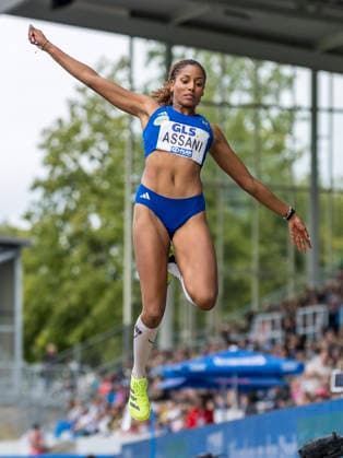 Deutsche Leichtathletik-Meisterschaften; Bochum-Wattenscheid, 26.07.2026 Mikaelle Assani (Karlsruher SC), Weitsprung; Deutsche Leichtathletik-Meisterschaften am 26.07.2026 im Lorheide-Stadion, Bochum-Wattenscheid (Nordrhein-Westfalen). *** German Track and Field Championships, Bochum-Wattenscheid, July 26, 2026; Mikaelle Assani, Karlsruher SC, Long Jump; German Track and Field Championships on July 26, 2026, at Lorheide Stadium, Bochum-Wattenscheid, North Rhine-Westphalia Copyright: xBEAUTIFULxSPORTS AxelxKohringx