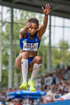 Deutsche Leichtathletik-Meisterschaften; Bochum-Wattenscheid, 26.07.2026 Mikaelle Assani (Karlsruher SC), Weitsprung; Deutsche Leichtathletik-Meisterschaften am 26.07.2026 im Lorheide-Stadion, Bochum-Wattenscheid (Nordrhein-Westfalen). *** German Track and Field Championships, Bochum-Wattenscheid, July 26, 2026; Mikaelle Assani, Karlsruher SC, Long Jump; German Track and Field Championships on July 26, 2026, at Lorheide Stadium, Bochum-Wattenscheid, North Rhine-Westphalia Copyright: xBEAUTIFULxSPORTS AxelxKohringx