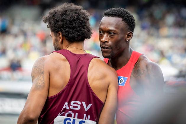 Deutsche Leichtathletik-Meisterschaften; Bochum-Wattenscheid, 26.07.2026 Deutscher Meister 200m: Owen Ansah (Hamburger SV) mit Joshua Hartmann (ASV Köln e.V.); Deutsche Leichtathletik-Meisterschaften am 26.07.2026 im Lorheide-Stadion, Bochum-Wattenscheid (Nordrhein-Westfalen). *** German Track and Field Championships, Bochum Wattenscheid, July 26, 2026; 200m German Champion: Owen Ansah (Hamburger SV) and Joshua Hartmann (ASV Köln e.V.); German Track and Field Championships on July 26, 2026, at Lorheide Stadium, Bochum-Wattenscheid, North Rhine-Westphalia Copyright: xBEAUTIFULxSPORTS LeahxKohringx