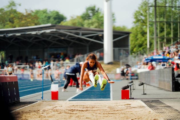 DM Männer Frauen, 26.07.2026 Mikaelle Assani (Karlsruher SC) springt im Weitsprung der Frauen bei den Deutschen Leichtathletik-Meisterschaften (DM) im Lohrheidestadion in Bochum-Wattenscheid am 25.-26. Juli 2026. *** German Championships (Men s and Women s), July 26, 2026: Mikaelle Assani of Karlsruher SC competes in the women s long jump at the German Track and Field Championships at Lohrheidestadion in Bochum-Wattenscheid on July 25–26, 2026 Copyright: xBEAUTIFULxSPORTS Flatemerschx