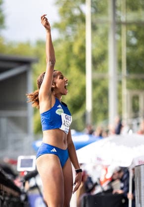 Deutsche Leichtathletik-Meisterschaften; Bochum-Wattenscheid, 26.07.2026 Mikaelle Assani (Karlsruher SC) wird Deutsche Meisterin im Weitsprung der Frauen; Deutsche Leichtathletik-Meisterschaften am 26.07.2026 im Lohrheidestadion in Bochum-Wattenscheid (Nordrhein-Westfalen). *** German Track and Field Championships, Bochum-Wattenscheid, July 26, 2026: Mikaelle Assani of Karlsruher SC becomes the German champion in the women’s long jump at the German Track and Field Championships on July 26, 2026, at Lohrheidestadion in Bochum-Wattenscheid, North Rhine-Westphalia Copyright: xBEAUTIFULxSPORTS R.xSchmittx