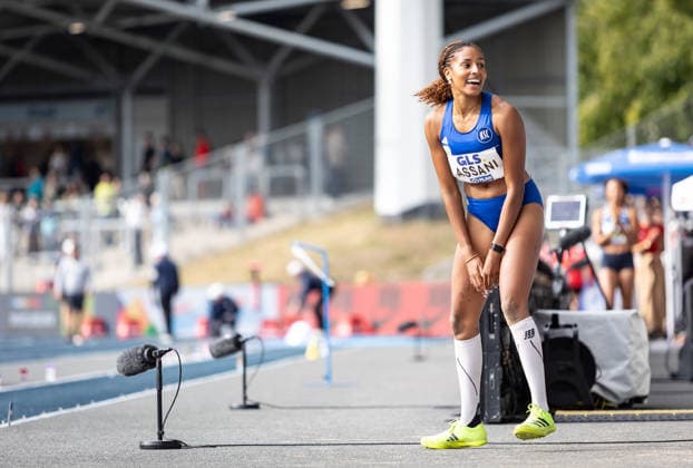 Deutsche Leichtathletik-Meisterschaften; Bochum-Wattenscheid, 26.07.2026 Mikaelle Assani (Karlsruher SC) wird Deutsche Meisterin im Weitsprung der Frauen; Deutsche Leichtathletik-Meisterschaften am 26.07.2026 im Lohrheidestadion in Bochum-Wattenscheid (Nordrhein-Westfalen). *** German Track and Field Championships, Bochum-Wattenscheid, July 26, 2026: Mikaelle Assani of Karlsruher SC becomes the German champion in the women’s long jump at the German Track and Field Championships on July 26, 2026, at Lohrheidestadion in Bochum-Wattenscheid, North Rhine-Westphalia Copyright: xBEAUTIFULxSPORTS R.xSchmittx