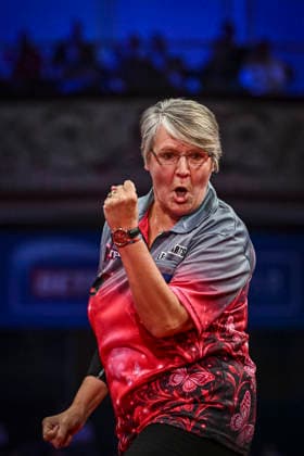 RECORD DATE NOT STATED 26th July 2026, Winter Gardens, Blackpool, Lancashire, England; 2026 Betfred Womens World Matchplay Darts, Final Day; Lisa Ashton celebrates winning a leg in her quarter final match against Rhian O Sullivan GodfreyxPitt