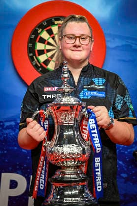 RECORD DATE NOT STATED 26th July 2026, Winter Gardens, Blackpool, Lancashire, England; 2026 Betfred Womens World Matchplay Darts, Final Day; Beau Greaves holds the Womens World Matchplay trophy after beating Fallon Sherrock in the final GodfreyxPitt