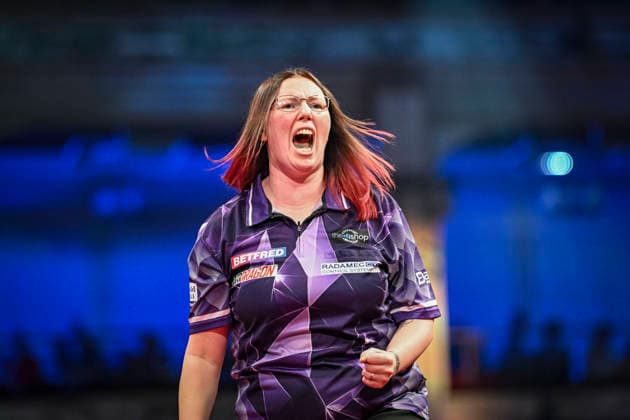 RECORD DATE NOT STATED 26th July 2026, Winter Gardens, Blackpool, Lancashire, England; 2026 Betfred Womens World Matchplay Darts, Final Day; Gemma Hayter celebrates winning her quarter final match against Vicky Pruim GodfreyxPitt
