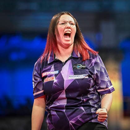RECORD DATE NOT STATED 26th July 2026, Winter Gardens, Blackpool, Lancashire, England; 2026 Betfred Womens World Matchplay Darts, Final Day; Gemma Hayter celebrates winning her quarter final match against Vicky Pruim GodfreyxPitt