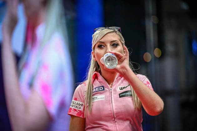 RECORD DATE NOT STATED 26th July 2026, Winter Gardens, Blackpool, Lancashire, England; 2026 Betfred Womens World Matchplay Darts, Final Day; Fallon Sherrock celebrates winning her quarter final match against Deta Hedman with a drink of water GodfreyxPitt