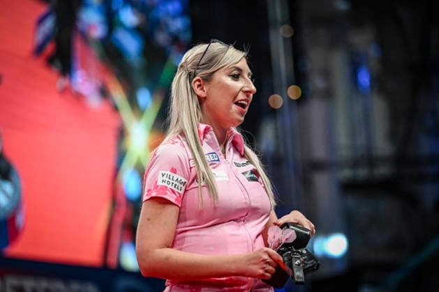 RECORD DATE NOT STATED 26th July 2026, Winter Gardens, Blackpool, Lancashire, England; 2026 Betfred Womens World Matchplay Darts, Final Day; Fallon Sherrock celebrates winning her quarter final match against Deta Hedman GodfreyxPitt