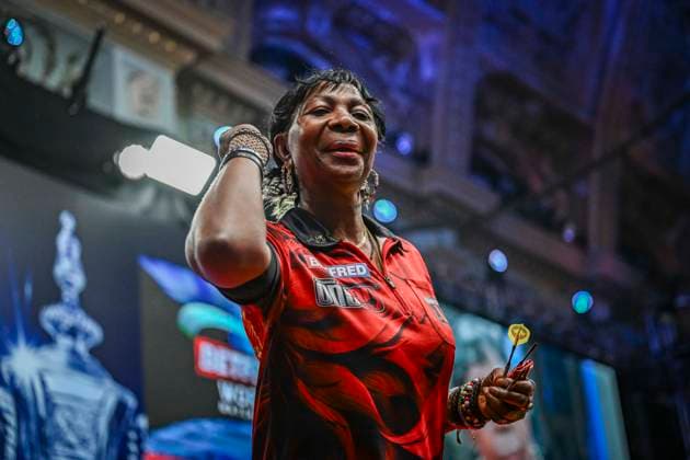 RECORD DATE NOT STATED 26th July 2026, Winter Gardens, Blackpool, Lancashire, England; 2026 Betfred Womens World Matchplay Darts, Final Day; Deta Hedman throws his flights to the fans after losing her quarter final match against Fallon Sherrock GodfreyxPitt