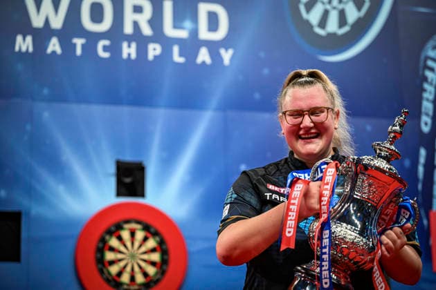 RECORD DATE NOT STATED 26th July 2026, Winter Gardens, Blackpool, Lancashire, England; 2026 Betfred Womens World Matchplay Darts, Final Day; Beau Greaves holds the Womens World Matchplay trophy after beating Fallon Sherrock in the final GodfreyxPitt
