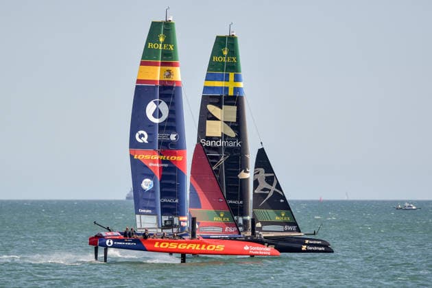Spain lead by driver Diego Botin and wing trimmer Florian Trittel one their way to winning the final of the Emirates GB SailGP at The Solent, Portsmouth, UK on 26 July 2026. Copyright: xPhilxHutchinsonx 45300070