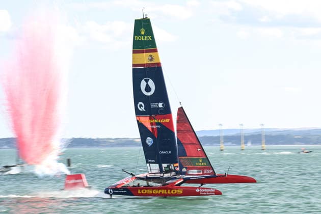 Spain lead by driver Diego Botin and wing trimmer Florian Trittel cross the finishing line to win the Final of the Emirates GB SailGP at The Solent, Portsmouth, UK on 26 July 2026. Copyright: xPhilxHutchinsonx 45300072