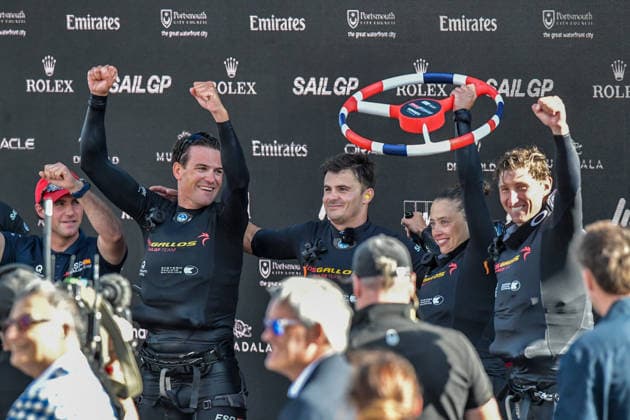 Spain lead by driver Diego Botin and wing trimmer Florian Trittel celebrate winning the Final of the Emirates GB SailGP at The Solent, Portsmouth, UK on 26 July 2026. Copyright: xPhilxHutchinsonx 45300077