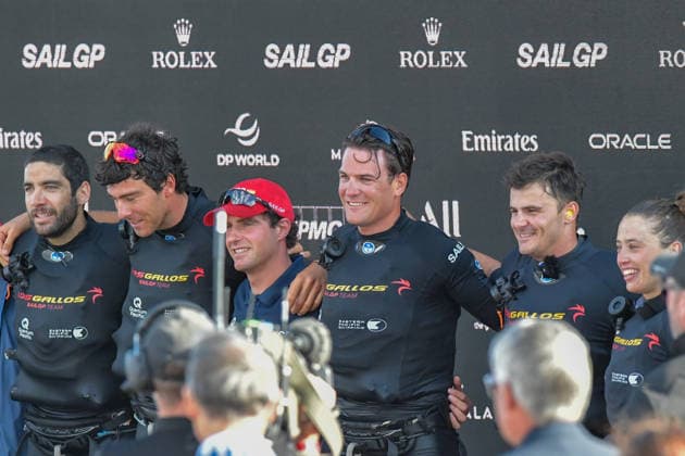 Spain lead by driver Diego Botin and wing trimmer Florian Trittel celebrate winning the Final of the Emirates GB SailGP at The Solent, Portsmouth, UK on 26 July 2026. Copyright: xPhilxHutchinsonx 45300078