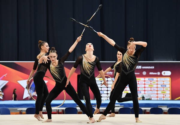 26.07.2026, xhbx, Turnen Rhythmische Sportgymnastik, Deutsche Meisterschaften 2026 v.l. Gruppe, Mannschaft Gruppe, Mannschaft Berliner Turn- und Freizeitsport-Bund Reifen Keulen Übung (DFL DFB REGULATIONS PROHIBIT ANY USE OF PHOTOGRAPHS as IMAGE SEQUENCES and or QUASI-VIDEO) Hannover *** July 26, 2026, xhbx, Gymnastics, Rhythmic Gymnastics, 2026 German Championships – Group, Team Group, Team Berlin Gymnastics and Recreational Sports Association – Hoop, Clubs, Routine – DFL DFB REGULATIONS PROHIBIT ANY USE OF PHOTOGRAPHS AS IMAGE SEQUENCES AND OR QUASI-VIDEO – Hanover