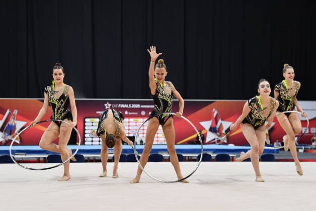 26.07.2026, xhbx, Turnen Rhythmische Sportgymnastik, Deutsche Meisterschaften 2026 v.l. Gruppe, Mannschaft TB Oppau Keulen Übung (DFL DFB REGULATIONS PROHIBIT ANY USE OF PHOTOGRAPHS as IMAGE SEQUENCES and or QUASI-VIDEO) Hannover *** July 26, 2026, xhbx, Rhythmic Gymnastics, 2026 German Championships, Group V, TB Oppau Team, Clubs Routine. DFL and DFB regulations prohibit any use of photographs as image sequences and or quasi-video. Hanover