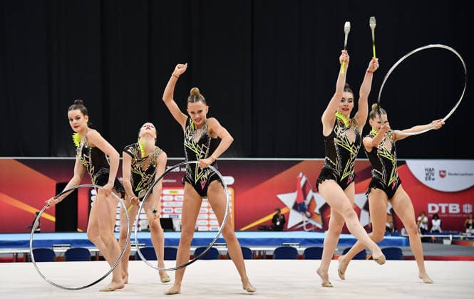 26.07.2026, xhbx, Turnen Rhythmische Sportgymnastik, Deutsche Meisterschaften 2026 v.l. Gruppe, Mannschaft TB Oppau Keulen Übung (DFL DFB REGULATIONS PROHIBIT ANY USE OF PHOTOGRAPHS as IMAGE SEQUENCES and or QUASI-VIDEO) Hannover *** July 26, 2026, xhbx, Rhythmic Gymnastics, 2026 German Championships, Group V, TB Oppau Team, Clubs Routine. DFL and DFB regulations prohibit any use of photographs as image sequences and or quasi-video. Hanover