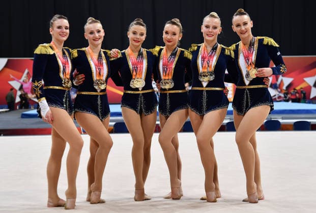 26.07.2026, xhbx, Turnen Rhythmische Sportgymnastik, Deutsche Meisterschaften 2026 v.l. Gruppe, Mannschaft TV Dahn 1910 jubeln jubelt (DFL DFB REGULATIONS PROHIBIT ANY USE OF PHOTOGRAPHS as IMAGE SEQUENCES and or QUASI-VIDEO) Hannover *** July 26, 2026, xhbx, Gymnastics, Rhythmic Gymnastics, 2026 German Championships, Group V, TV Dahn 1910 team celebrating. DFL and DFB regulations prohibit any use of photographs as image sequences and or quasi-video. Hanover