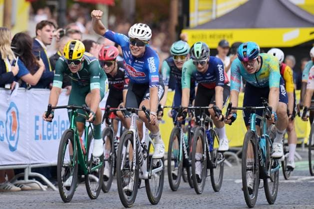 Belgian Jasper Philipsen of Alpecin-Premier Tech celebrates as he crosses the finish line at stage 21 of the 2026 Tour de France cycling race, a stage of 130km from Thoiry to Paris Champs-Elysees , on Sunday 26 July 2026. The 113th edition of the Tour de France starts on Saturday 4 July in Barcelona, Spain, and will finish in Paris, France on the 26th of July. DAVIDxPINTENS  x182105371x