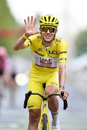 Slovenian Tadej Pogacar of UAE Team Emirates-XRG celebrates as he crosses the finish line at stage 21 of the 2026 Tour de France cycling race, a stage of 130km from Thoiry to Paris Champs-Elysees , on Sunday 26 July 2026. The 113th edition of the Tour de France starts on Saturday 4 July in Barcelona, Spain, and will finish in Paris, France on the 26th of July. JASPERxJACOBS  x182107257x