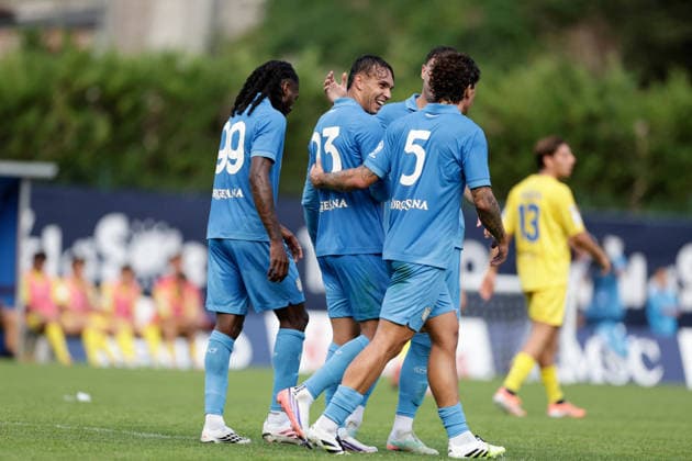 SOCCER - Friendly Match - Napoli vs. Carrarese Photo by IPA ABACAPRESS.COM87021800 - Napoli s Brazilian forward Giovane Santana do Nascimento celebrates after scoring a goal during a friendly match between SSC Napoli and Carrarese at SSC Napoli s 2026-27 preseason training camp in Val di Sole, Trentino, Dimaro Folgarida, on July 26, 2026. Dimaro Italy  Copyright: xIPAxSport ABACAx