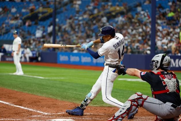 July 26, 2026, St. Petersburg, Florida, USA: Tampa Bay Rays left fielder Chandler Simpson (14) hits a single off of Cleveland Guardians pitcher Parker Messick (77) during the fifth inning at Tropicana Field on Sunday, July 26, 2026, in St. Petersburg. St. Petersburg USA - ZUMAs70_ 0862717766st Copyright: xJeffereexWoox