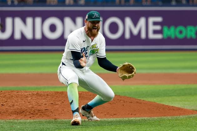 July 26, 2026, St. Petersburg, Florida, USA: Tampa Bay Rays pitcher Bryan Baker (47) celebrates, when he strikes out Cleveland Guardians shortstop Brayan Rocchio (4) for the final out and the Rays defeat the Cleveland Guardians, 1-0, during the end of the game at Tropicana Field on Sunday, July 26, 2026, in St. Petersburg. St. Petersburg USA - ZUMAs70_ 0862718358st Copyright: xJeffereexWoox