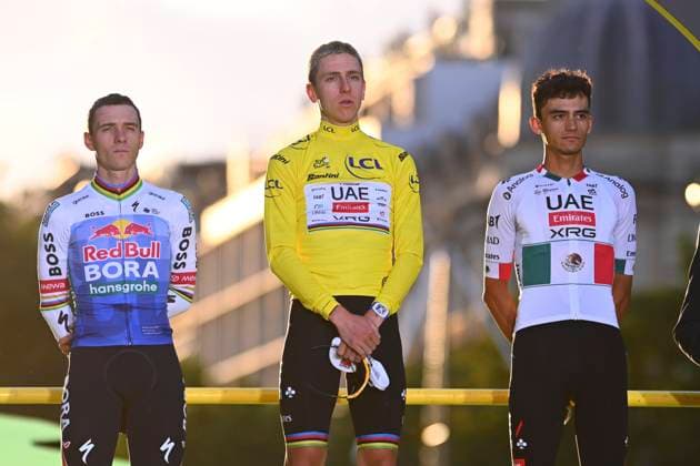 Tour de France 2026 Stage 21 PARIS CHAMPS-ELYSEES, FRANCE - JULY 26 : Pogacar Tadej (SLO) of UAE Team Emirates - XRG, Evenepoel Remco (BEL) of Red Bull - BORA - Hansgrohe, Del Toro Isaac (MEX) of UAE Team Emirates - XRG pictured during the podium ceremony of the 113rd edition of Tour de France an UCI World Tour 2.UWT cycling road race stage for Men Elite of 130 km with start in Thoiry and finish in Paris Champs-Elysees on July 26, 2026 in Paris Champs-Elysees, France, 26 07 2026 Paris Champs-Elysees France  Copyright: xGvgx