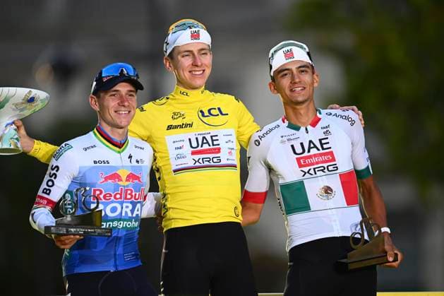 Sport Bilder des Tages Tour de France 2026 Stage 21 PARIS CHAMPS-ELYSEES, FRANCE - JULY 26 : Pogacar Tadej (SLO) of UAE Team Emirates - XRG, Evenepoel Remco (BEL) of Red Bull - BORA - Hansgrohe, Del Toro Isaac (MEX) of UAE Team Emirates - XRG pictured during the podium ceremony of the 113rd edition of Tour de France an UCI World Tour 2.UWT cycling road race stage for Men Elite of 130 km with start in Thoiry and finish in Paris Champs-Elysees on July 26, 2026 in Paris Champs-Elysees, France, 26 07 2026 Paris Champs-Elysees France  Copyright: xGvgx