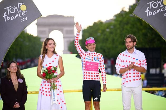 Ecuadorian Richard Carapaz of EF Education-EasyPost and is pictured on the podium after stage 21 of the 2026 Tour de France cycling race, a stage of 130km from Thoiry to Paris Champs-Elysees , on Sunday 26 July 2026. The 113th edition of the Tour de France starts on Saturday 4 July in Barcelona, Spain, and will finish in Paris, France on the 26th of July. POOLxBERNARDxPAPON  x182108637x