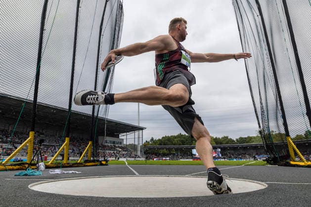 Deutsche Leichtathletik-Meisterschaften; Bochum-Wattenscheid, 26.07.2026 Henrik Janssen (Sportclub Magdeburg), Diskuswurf Finale im Regen; Deutsche Leichtathletik-Meisterschaften am 26.07.2026 im Lorheide-Stadion, Bochum-Wattenscheid (Nordrhein-Westfalen). *** German Track and Field Championships, Bochum Wattenscheid, July 26, 2026; Henrik Janssen, Magdeburg Sports Club, discus throw final in the rain; German Track and Field Championships on July 26, 2026, at Lorheide Stadium, Bochum-Wattenscheid, North Rhine-Westphalia Copyright: xBEAUTIFULxSPORTS AxelxKohringx