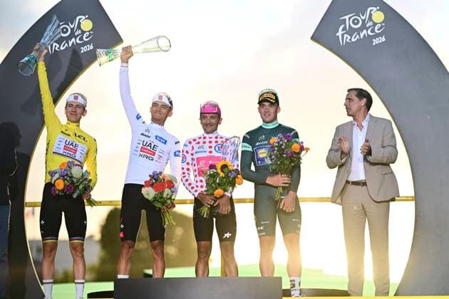 Tour de France 2026 Stage 21 PARIS CHAMPS-ELYSEES, FRANCE - JULY 26 : Pogacar Tadej (SLO) of UAE Team Emirates - XRG (yellow jersey) , Pedersen Mads (DEN) of Lidl - Trek (green jersey) , Carapaz Richard (ECU) of EF Education - Easypost (polka dot jersey), Del Toro Isaac (MEX) of UAE Team Emirates - XRG (white jersey) pictured during the podium ceremony of stage 21 of the 113rd edition of Tour de France an UCI World Tour 2.UWT cycling road race stage for Men Elite of 130 km with start in Thoiry and finish in Paris Champs-Elysees on July 26, 2026 in Paris Champs-Elysees, France, 26 07 2026 Paris Champs-Elysees France  Copyright: xPeterxDexVoechtx