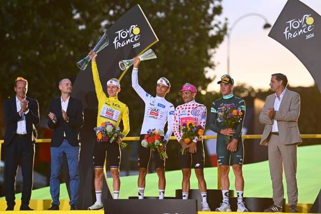 Tour de France 2026 Stage 21 PARIS CHAMPS-ELYSEES, FRANCE - JULY 26 : Pogacar Tadej (SLO) of UAE Team Emirates - XRG (yellow jersey) , Pedersen Mads (DEN) of Lidl - Trek (green jersey) , Carapaz Richard (ECU) of EF Education - Easypost (polka dot jersey), Del Toro Isaac (MEX) of UAE Team Emirates - XRG (white jersey) pictured during the podium ceremony of the 113rd edition of Tour de France an UCI World Tour 2.UWT cycling road race stage for Men Elite of 130 km with start in Thoiry and finish in Paris Champs-Elysees on July 26, 2026 in Paris Champs-Elysees, France, 26 07 2026 Paris Champs-Elysees France  Copyright: xGvgx