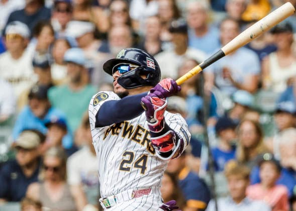 Milwaukee Brewers designated hitter William Contreras hits a double in the first inning of the MLB, Baseball Herren, USA game between the Colorado Rockies and the Milwaukee Brewers at American Family Field in Milwaukee, Wisconsin on Sunday July 26, 2026.  MIL20260726807 TANNENxMAURY