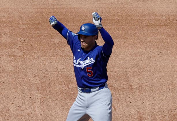 Los Angeles Dodgers Freddie Freeman celebrates after hitting an RBI double in the 3rd inning against the New York Mets at Citi Field on Sunday, July 26, 2026 in New York City.  NYP20260726123 JOHNxANGELILLO