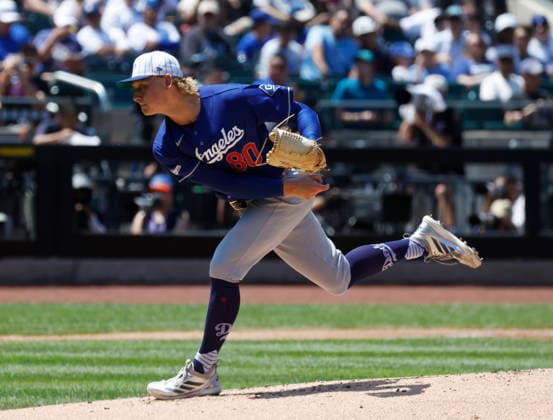 Los Angeles Dodgers starting pitcher Emmet Sheehan throws a pitch in the first inning against the New York Mets at Citi Field on Sunday, July 26, 2026 in New York City.  NYP20260726128 JOHNxANGELILLO