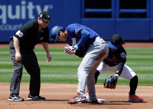Los Angeles Dodgers Shohei Ohtani reacts after hitting a double in the first inning against the New York Mets at Citi Field on Sunday, July 26, 2026 in New York City.  NYP20260726130 JOHNxANGELILLO