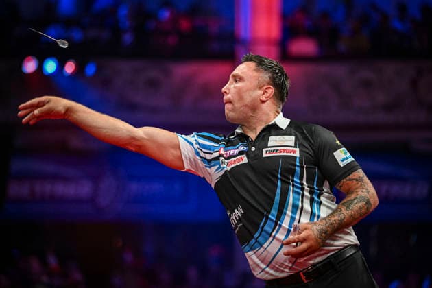 RECORD DATE NOT STATED 26th July 2026, Winter Gardens, Blackpool, Lancashire, England; 2026 Betfred World Matchplay Darts, Mens, Final Day; Gerwyn Price in action on the oche in his final match against Luke Littler GodfreyxPitt