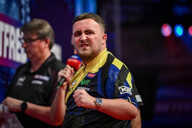 RECORD DATE NOT STATED 26th July 2026, Winter Gardens, Blackpool, Lancashire, England; 2026 Betfred World Matchplay Darts, Mens, Final Day; Luke Littler celebrates winning a leg in his final match against Gerwyn Price GodfreyxPitt